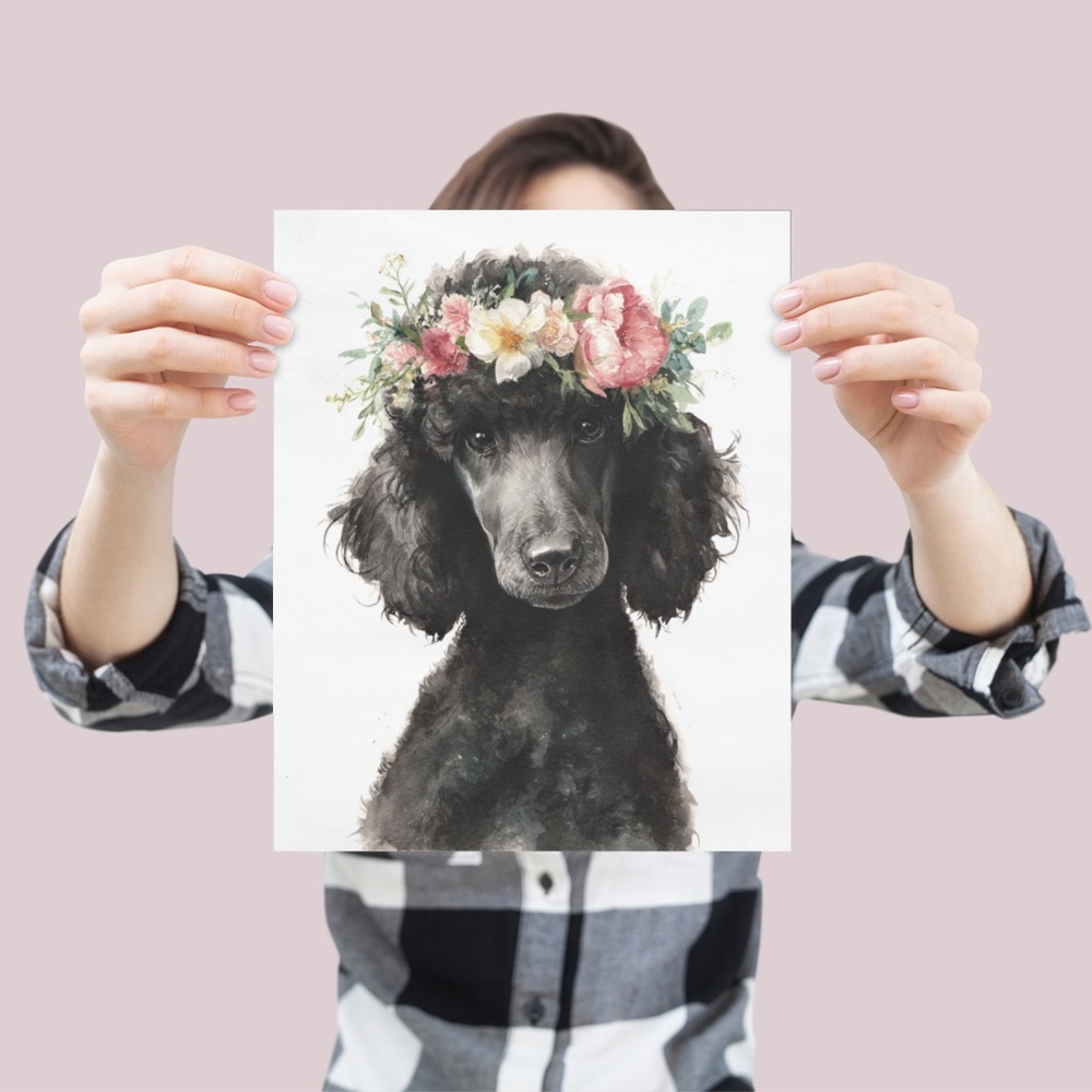 Watercolor Black Poodle with Flowers Crown Portrait Wall Art Print - Unframed - Picture 4 of 6